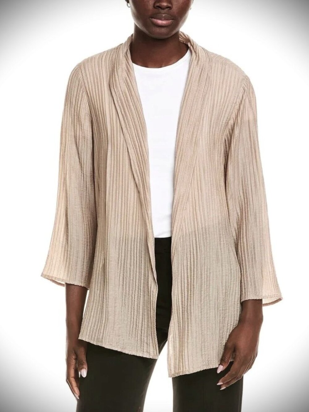 EILEEN FISHER High Collar Shimmer Wheat Color Crinkle Open Jacket Size XS